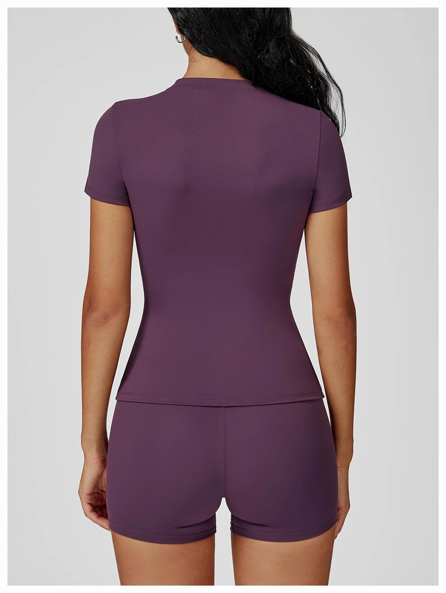 Women’s quick-dry yoga short sleeve tee in brushed nylon-spandex, slim-fit activewear top with classic crew neck and extended hem-deep purple back