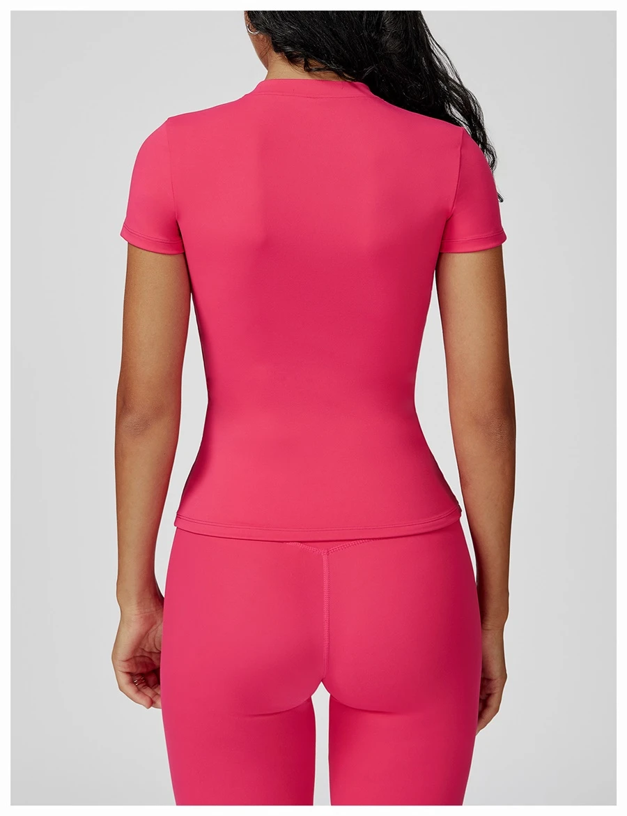 Women’s quick-dry yoga short sleeve tee in brushed nylon-spandex, slim-fit activewear top with classic crew neck and extended hem
