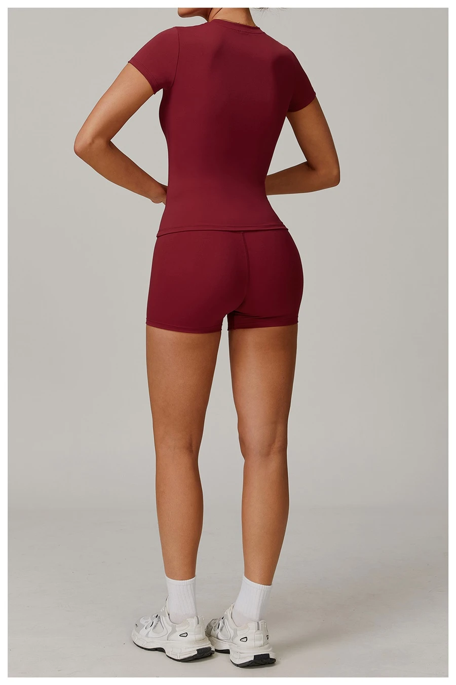 Women’s quick-dry yoga short sleeve tee in brushed nylon-spandex, slim-fit activewear top with classic crew neck and extended hem-cherry red back