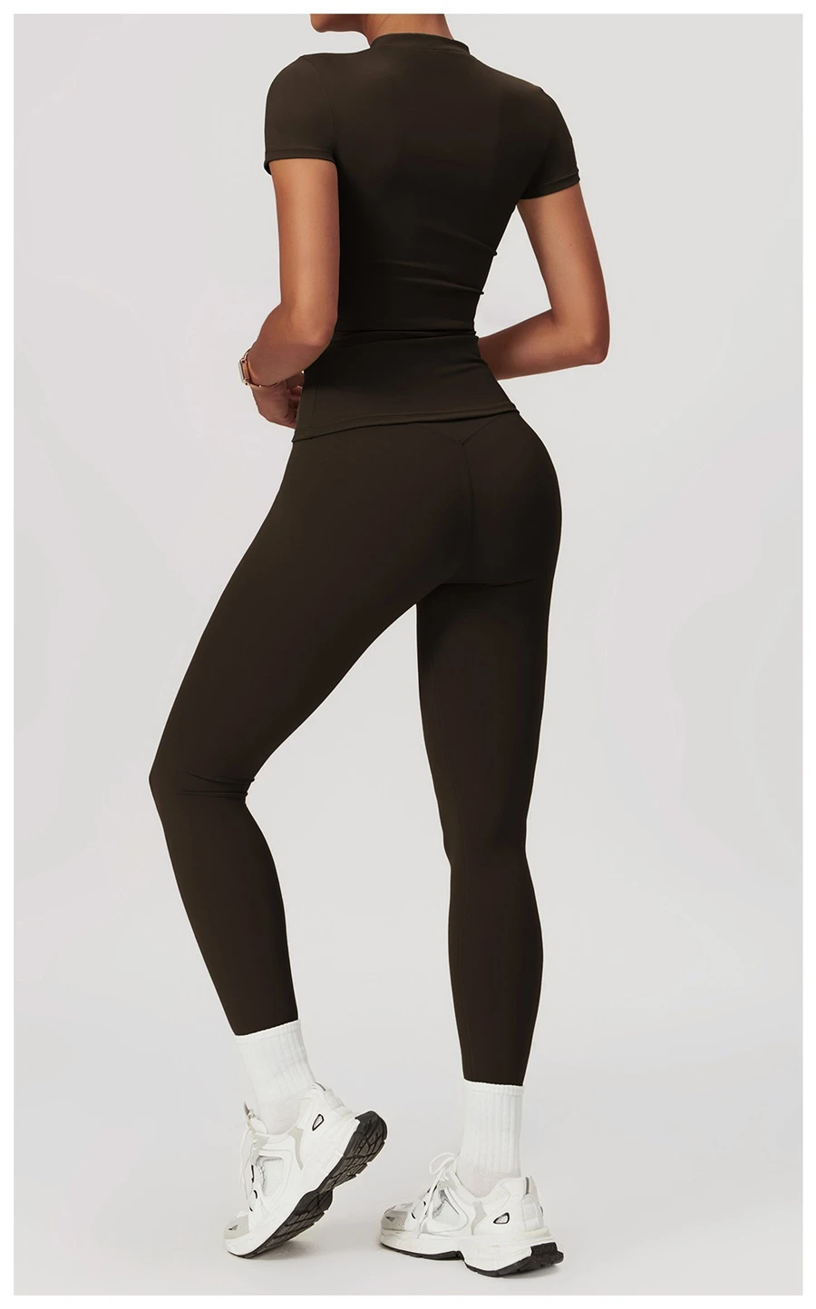 Women’s quick-dry yoga short sleeve tee in brushed nylon-spandex, slim-fit activewear top with classic crew neck and extended hem