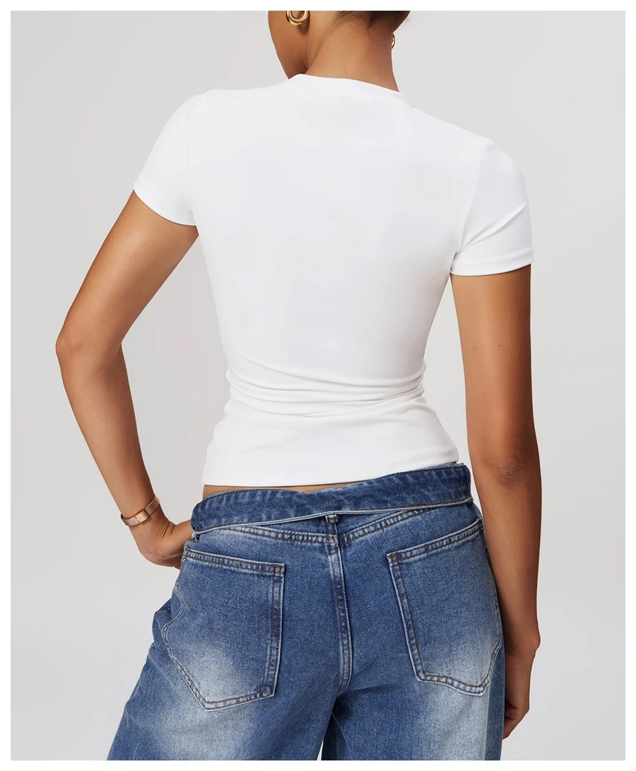 Women’s quick-dry yoga short sleeve tee in brushed nylon-spandex, slim-fit activewear top with classic crew neck and extended hem-white back