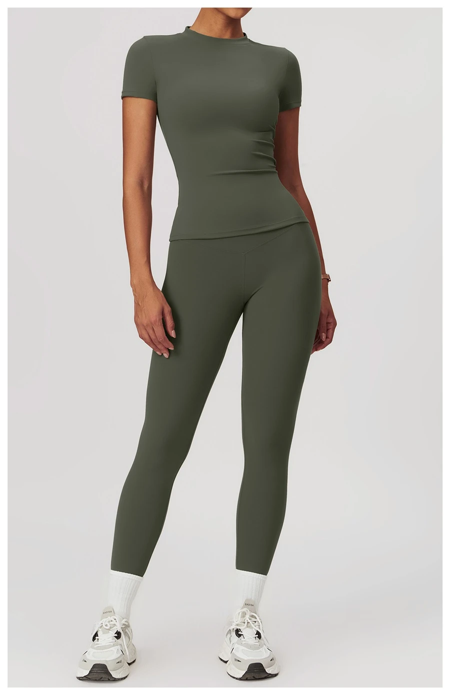 Women’s quick-dry yoga short sleeve tee in brushed nylon-spandex, slim-fit activewear top with classic crew neck and extended hem