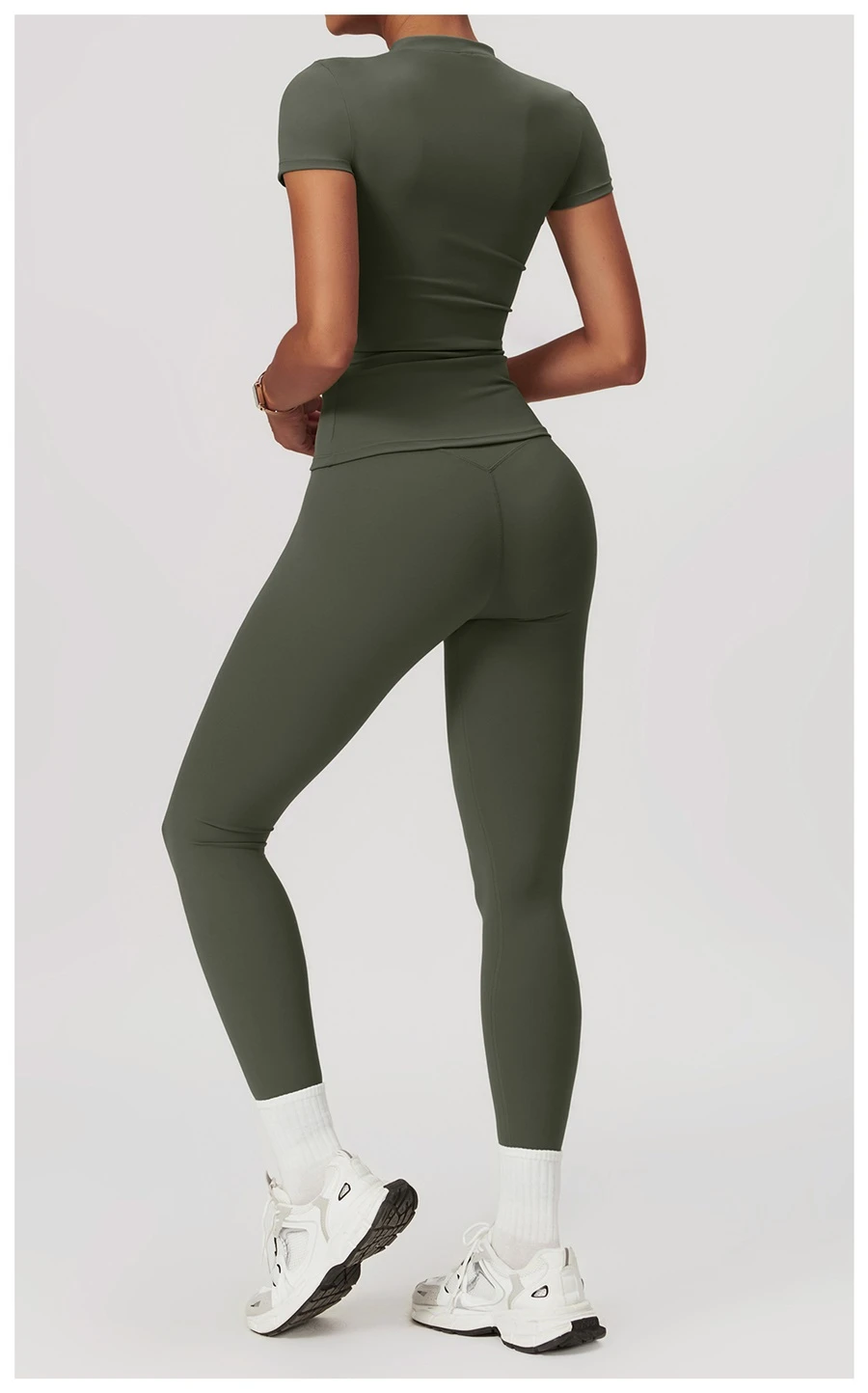 Women’s quick-dry yoga short sleeve tee in brushed nylon-spandex, slim-fit activewear top with classic crew neck and extended hem