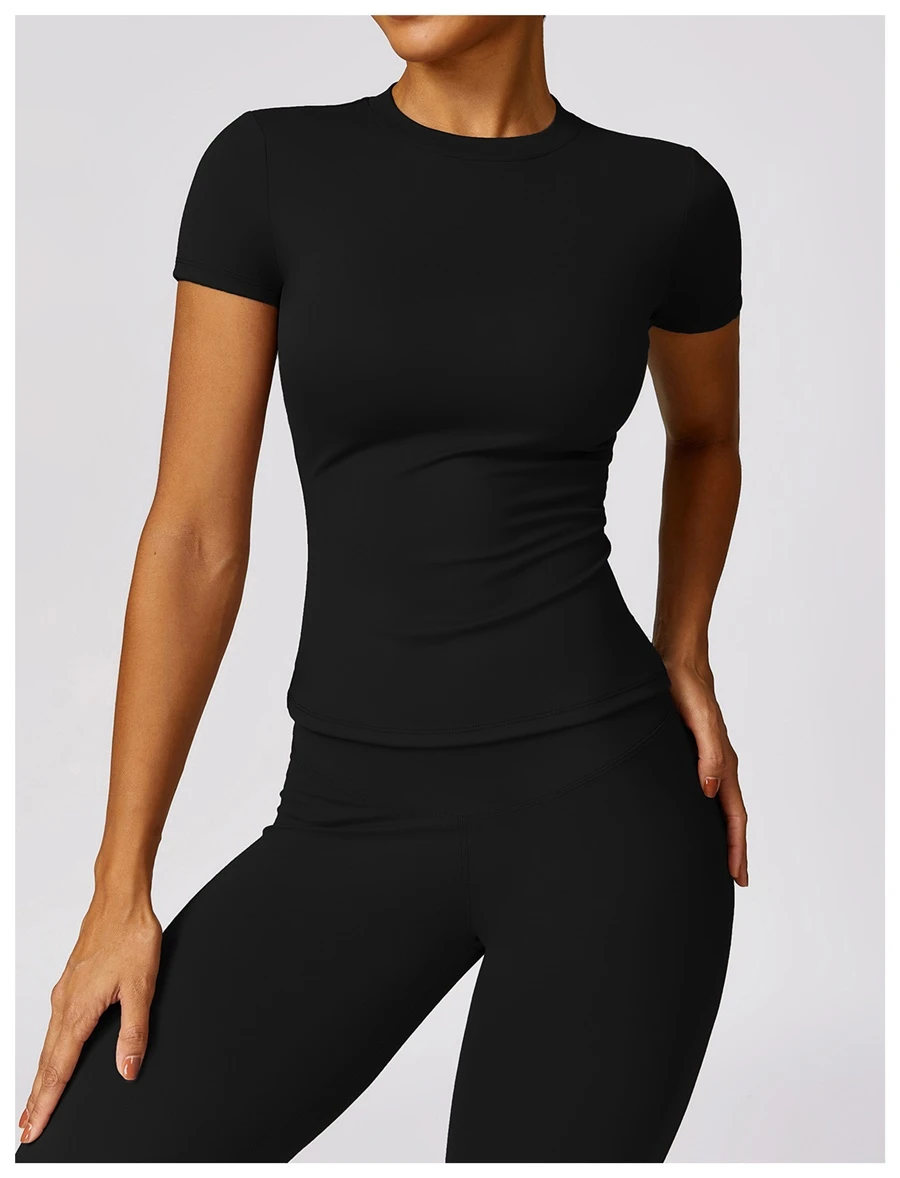 Women’s quick-dry yoga short sleeve tee in brushed nylon-spandex, slim-fit activewear top with classic crew neck and extended hem-black