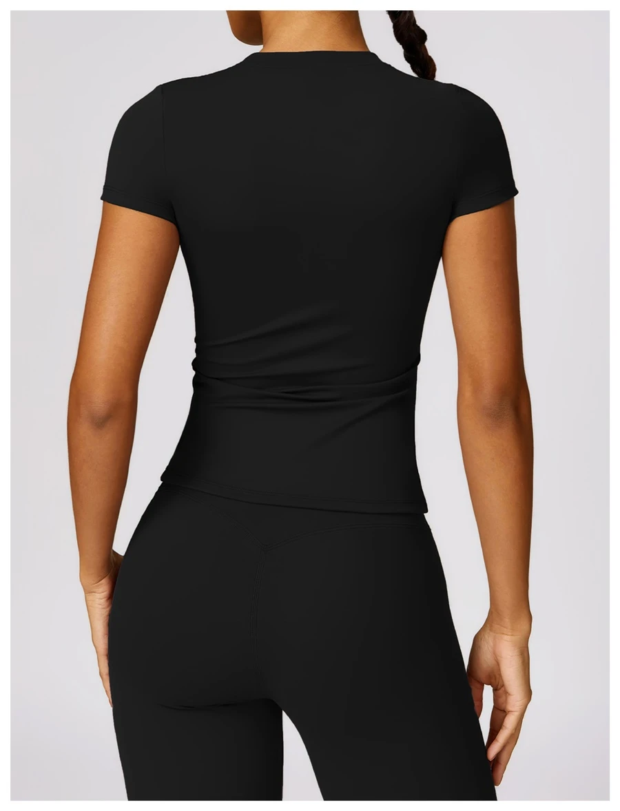 Women’s quick-dry yoga short sleeve tee in brushed nylon-spandex, slim-fit activewear top with classic crew neck and extended hem