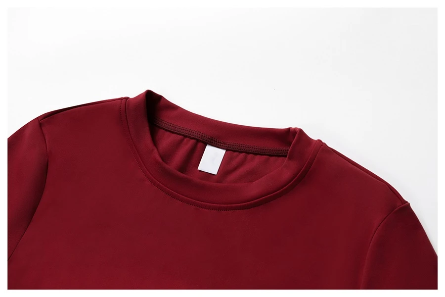 Women’s quick-dry yoga short sleeve tee in brushed nylon-spandex, slim-fit activewear top with classic crew neck and extended hem-actual close up