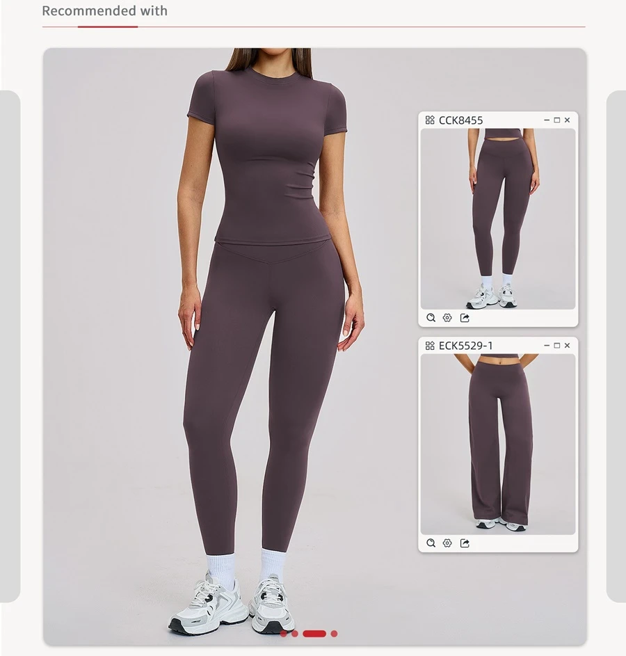 Women’s quick-dry yoga short sleeve tee in brushed nylon-spandex, slim-fit activewear top with classic crew neck and extended hem – matching set