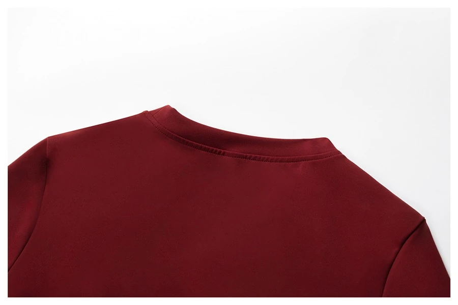 Women’s quick-dry yoga short sleeve tee in brushed nylon-spandex, slim-fit activewear top with classic crew neck and extended hem-actual close up