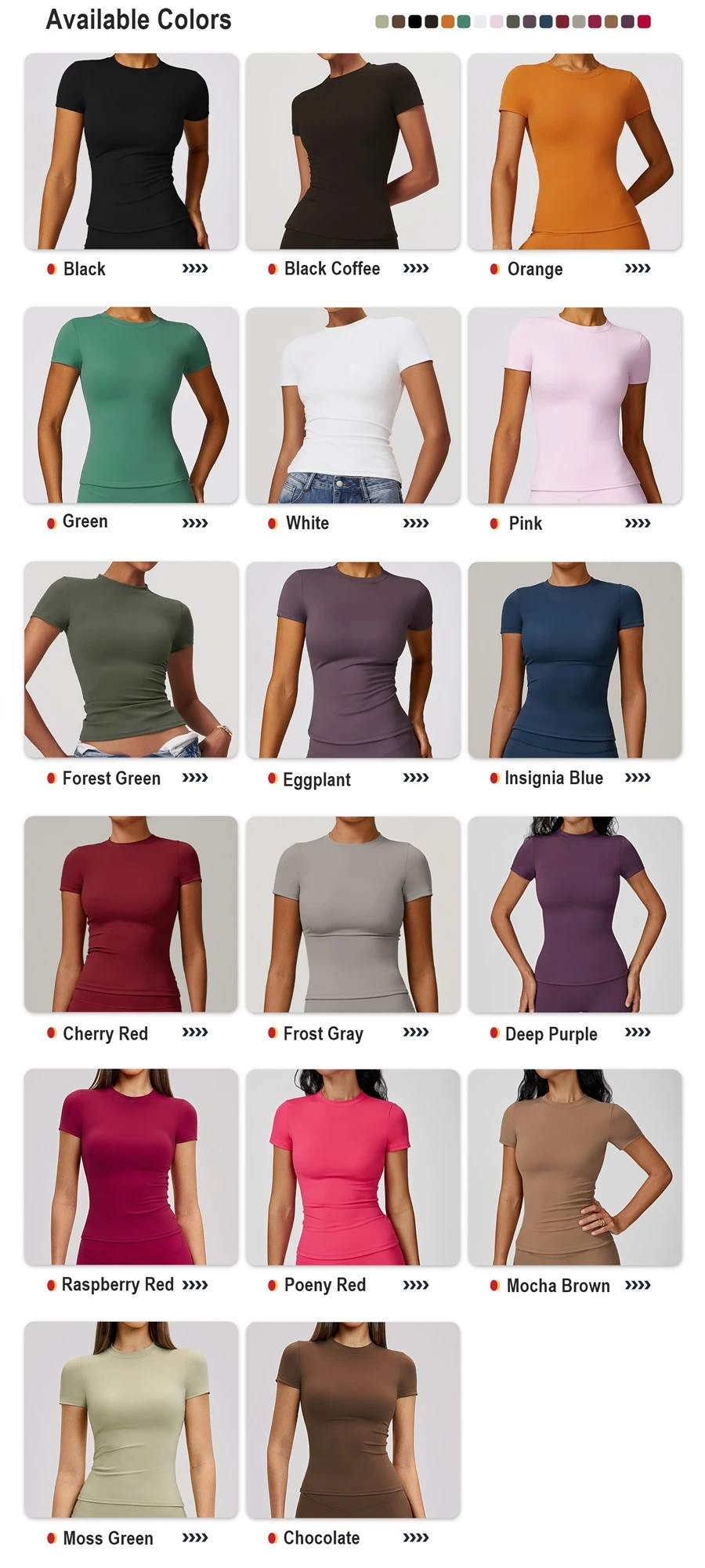 Women’s quick-dry yoga short sleeve tee in brushed nylon-spandex, slim-fit activewear top with classic crew neck and extended hem-available colors