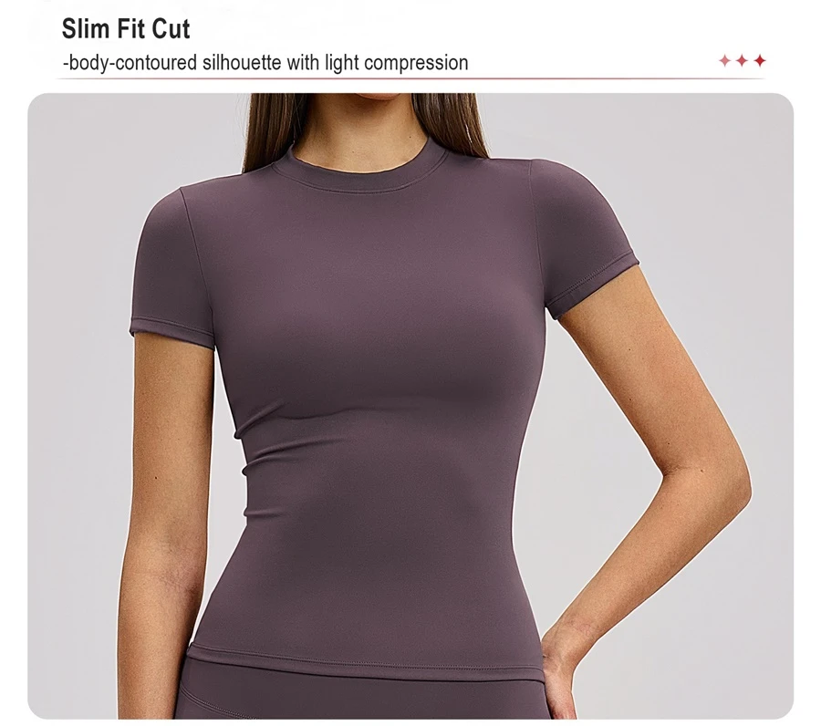 Women’s quick-dry yoga short sleeve tee in brushed nylon-spandex, slim-fit activewear top with classic crew neck and extended hem-key features-slim fit cut
