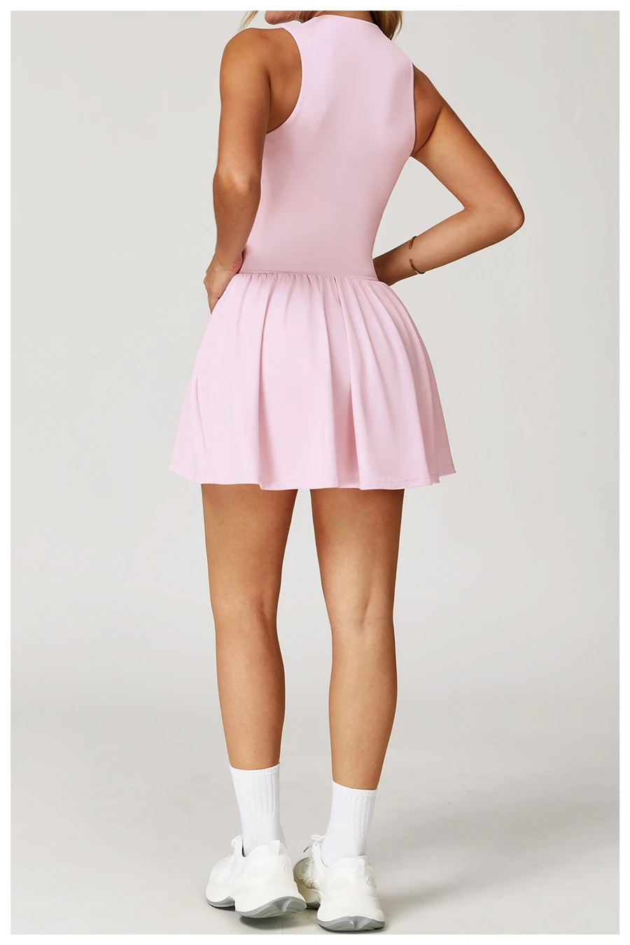 Back view of women's A-line sports dress showcasing the elegant fit and built-in shorts design