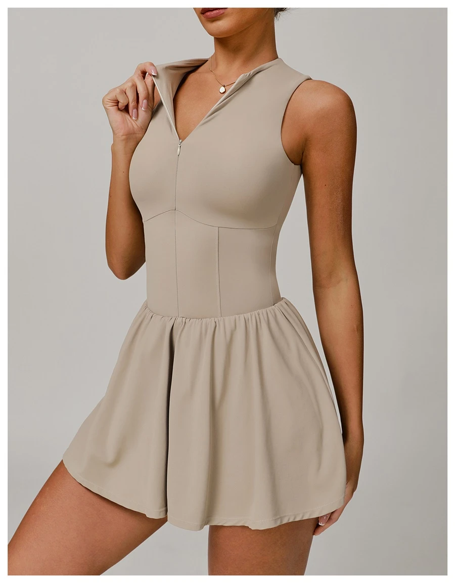 Side view of tennis dress highlighting A-line skirt's slimming effect and length