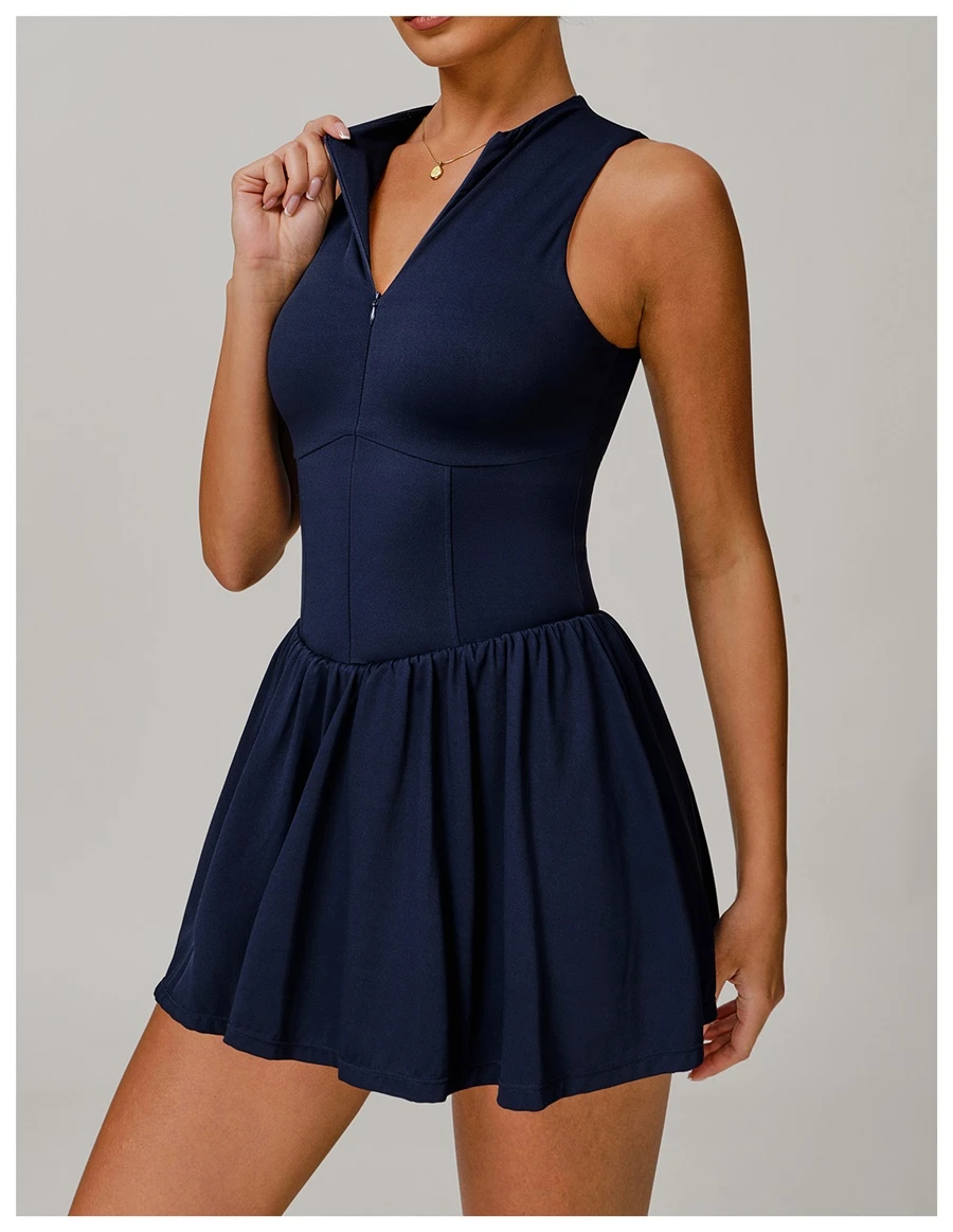 Side view of tennis dress highlighting A-line skirt's slimming effect and length