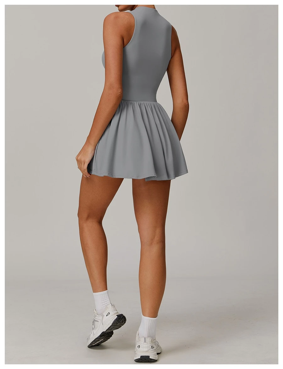 Side view of tennis dress highlighting A-line skirt's slimming effect and length