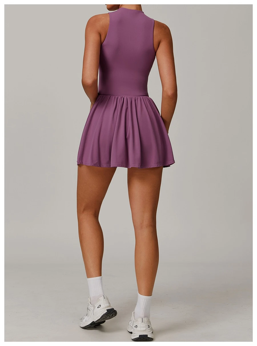 Back view of women's A-line sports dress showcasing the elegant fit and built-in shorts design