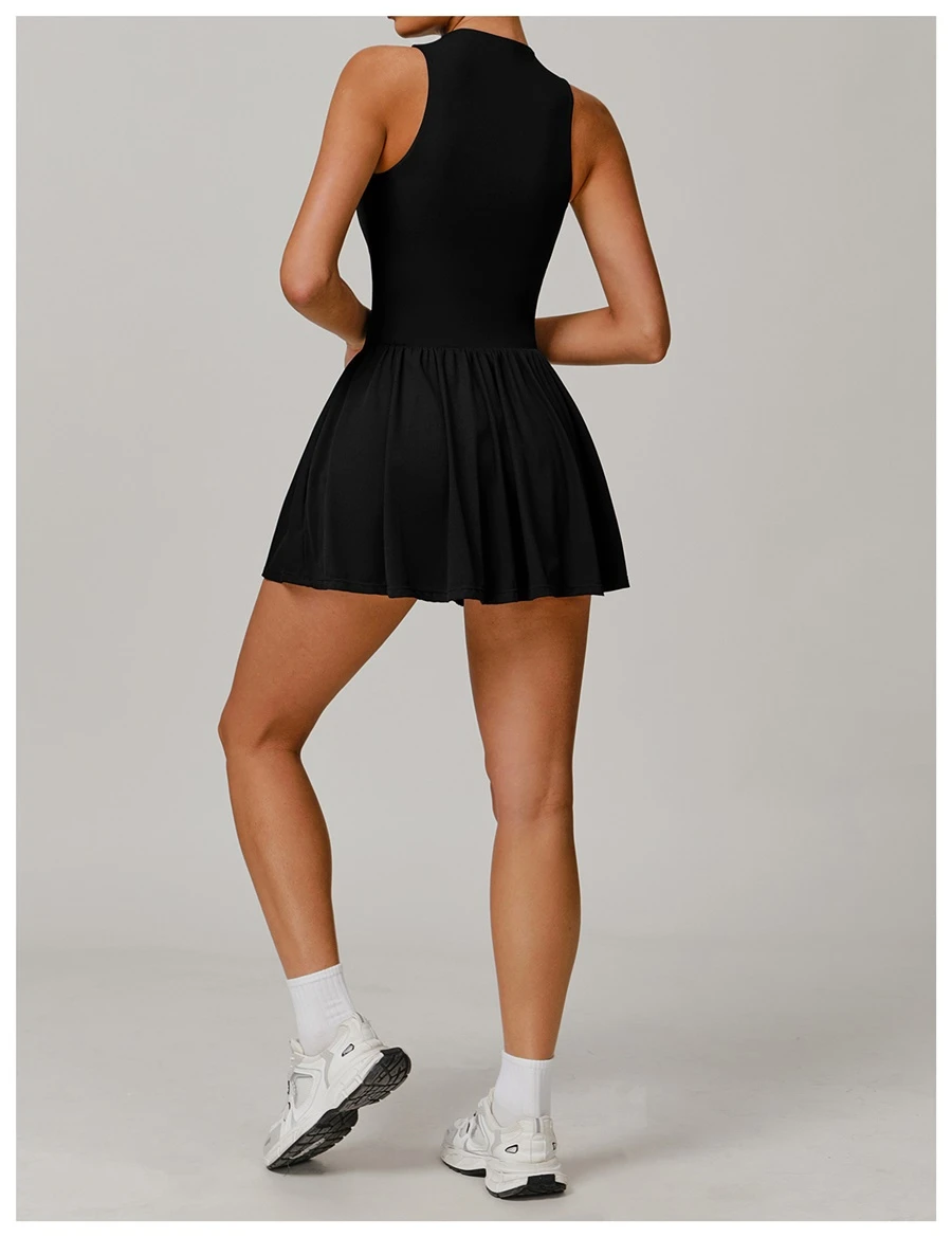Back view of women's A-line sports dress showcasing the elegant fit and built-in shorts design