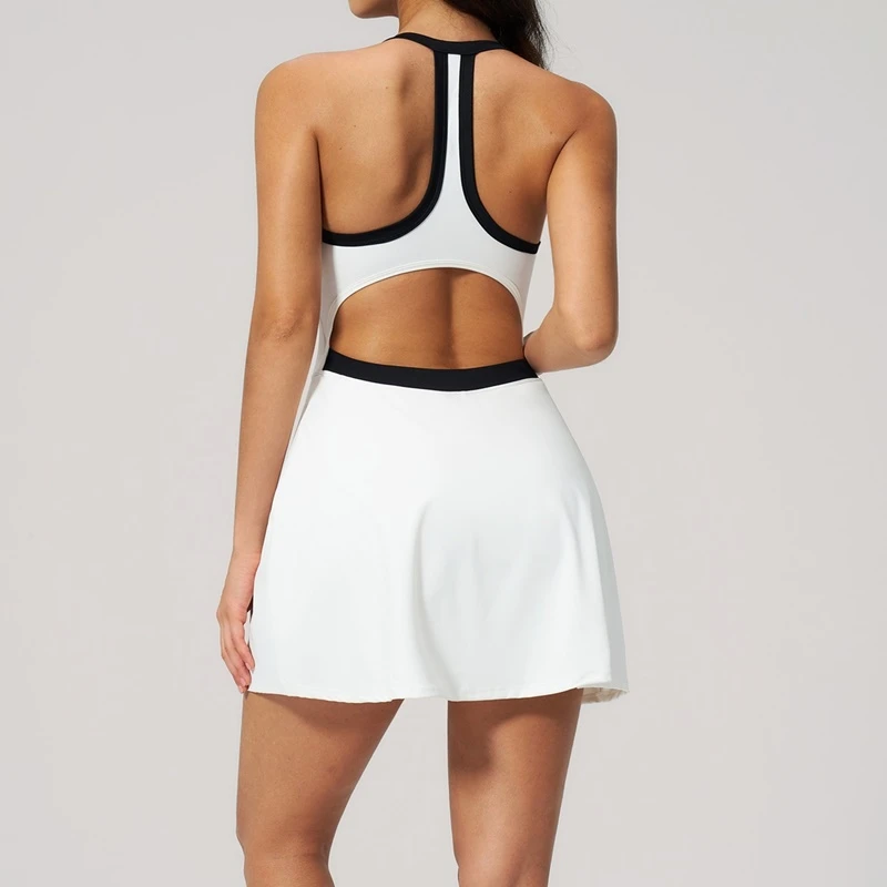 Women's backless yoga dress with built-in shorts for fitness and activewear-back