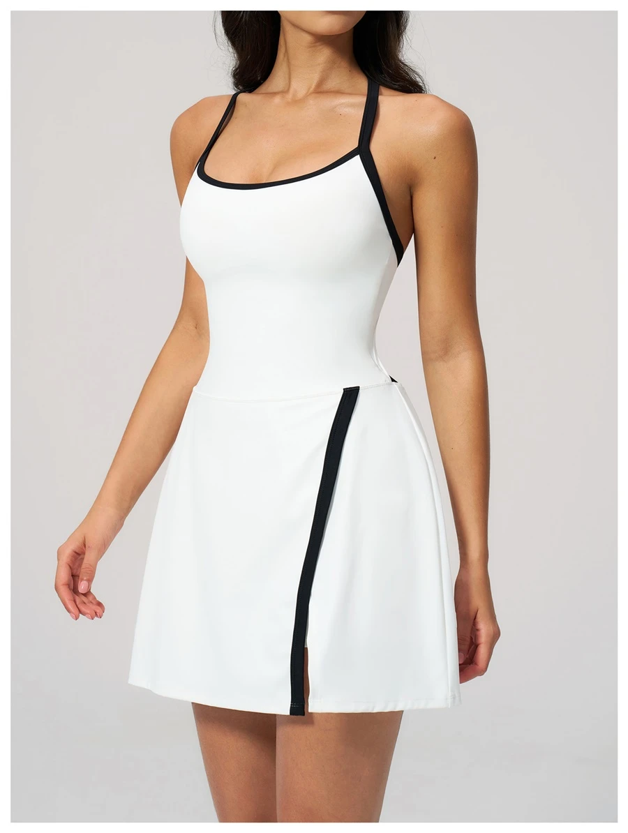 Fitted yoga dress with removable padded cups and four way stretch fabric-white