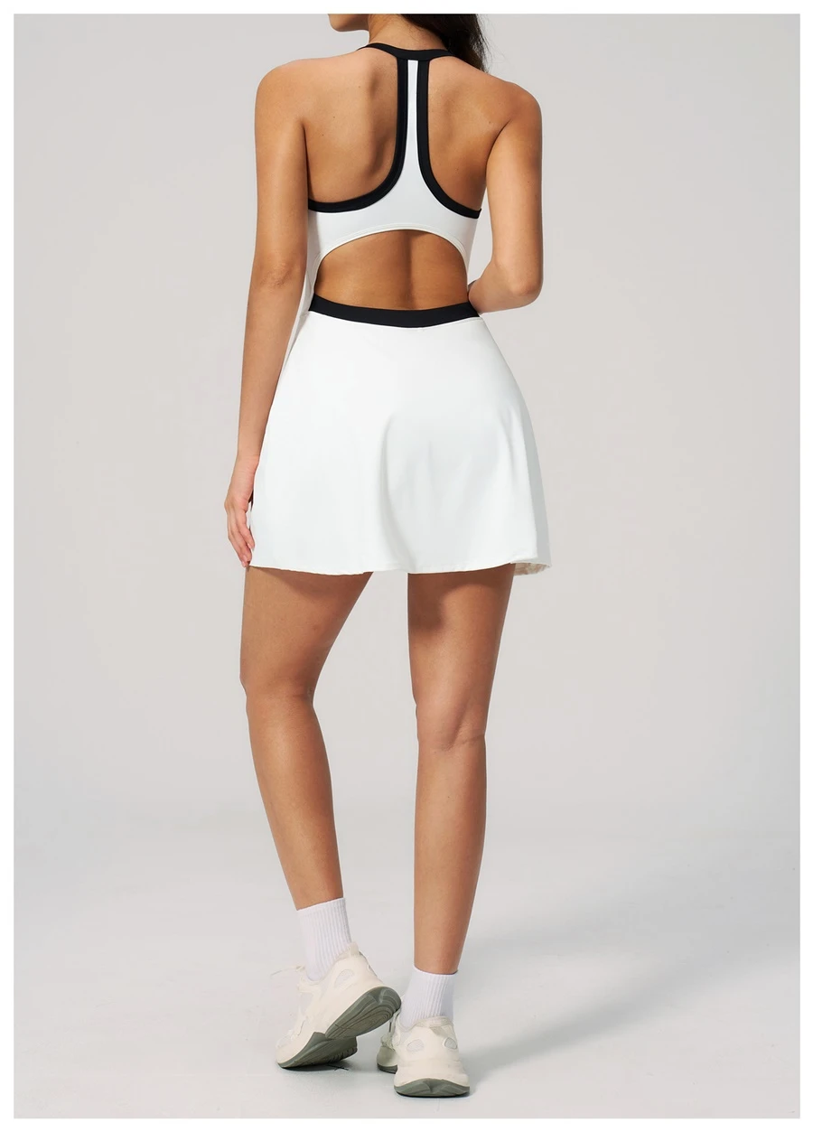 Women's open back workout dress highlighting breathable design-white