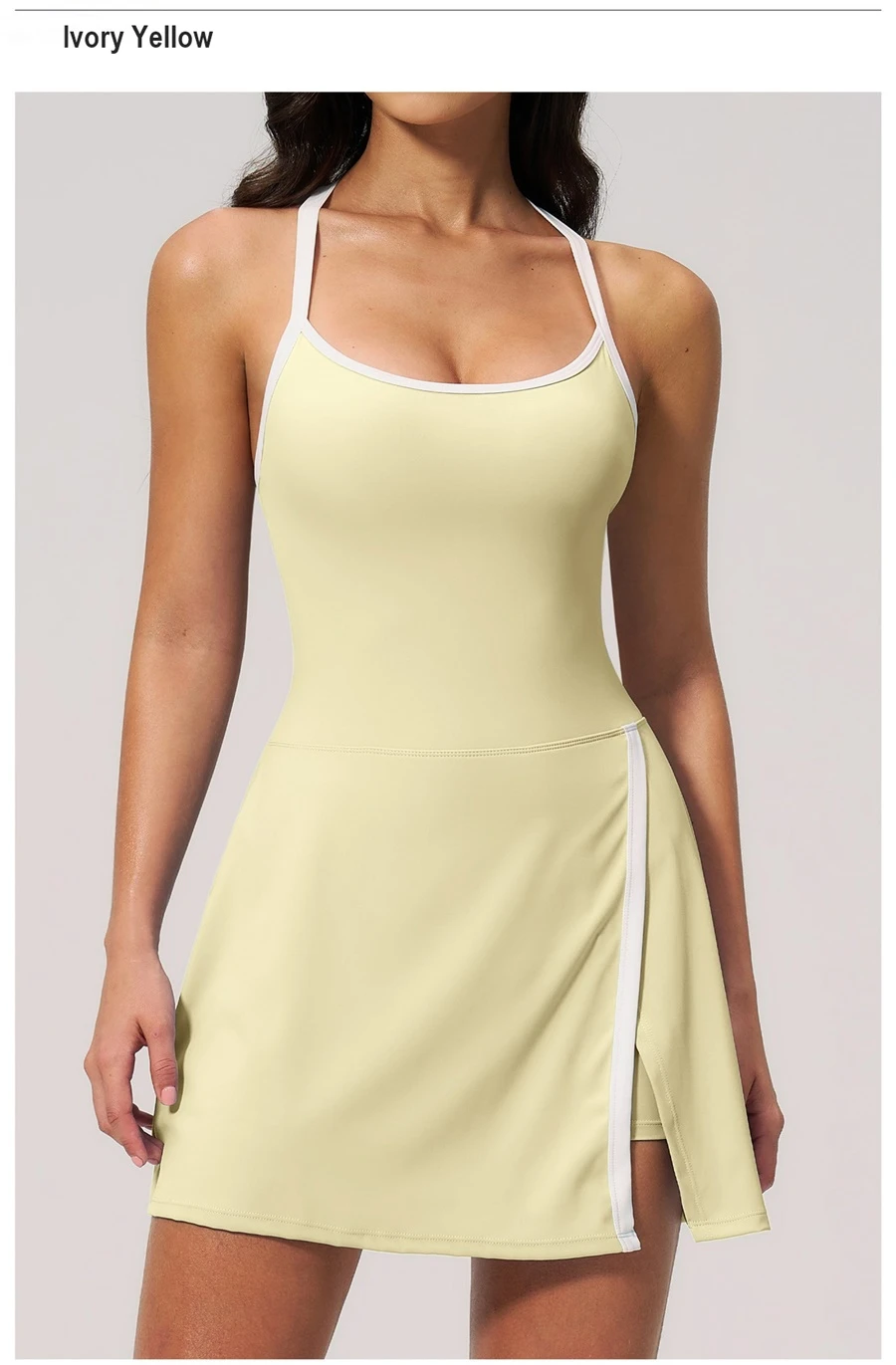 Women's backless yoga dress with built-in shorts for fitness and activewear-yellow