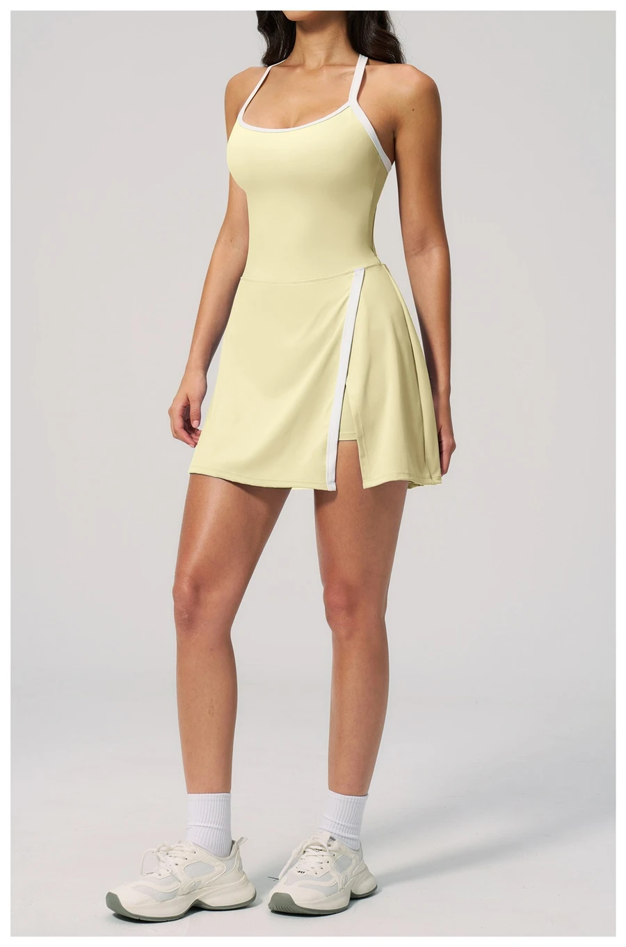 Fitted yoga dress with removable padded cups and four way stretch fabric-yellow