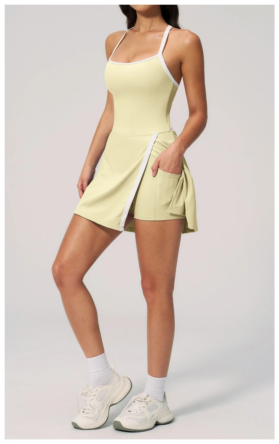 Women's activewear dress with built-in safety shorts for sports-yellow