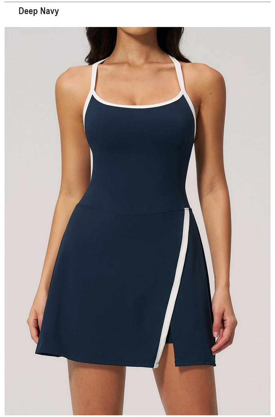 Women's backless yoga dress with built-in shorts for fitness and activewear-deep navy