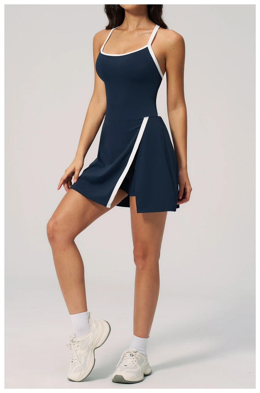 Fitted yoga dress with removable padded cups and four way stretch fabric-navy