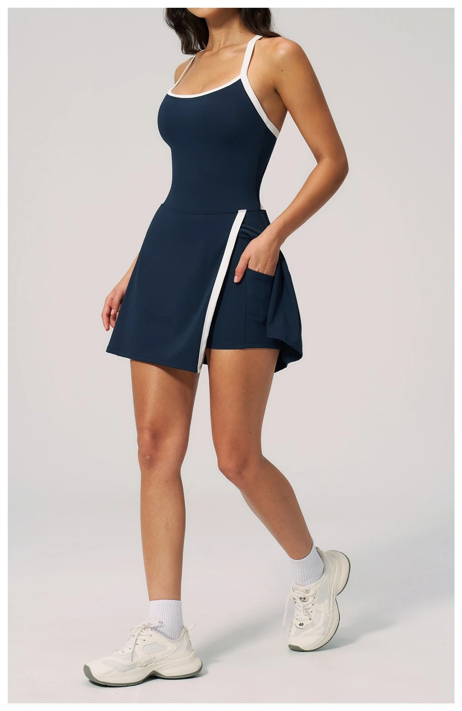 Women's activewear dress with built-in safety shorts for sports-deep navy