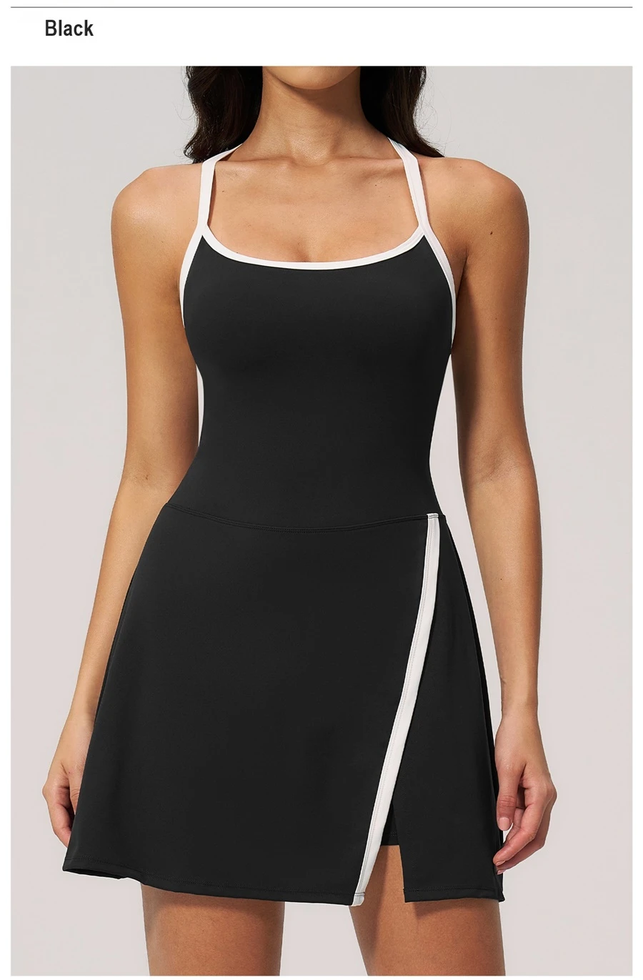 Women's backless yoga dress with built-in shorts for fitness and activewear-black