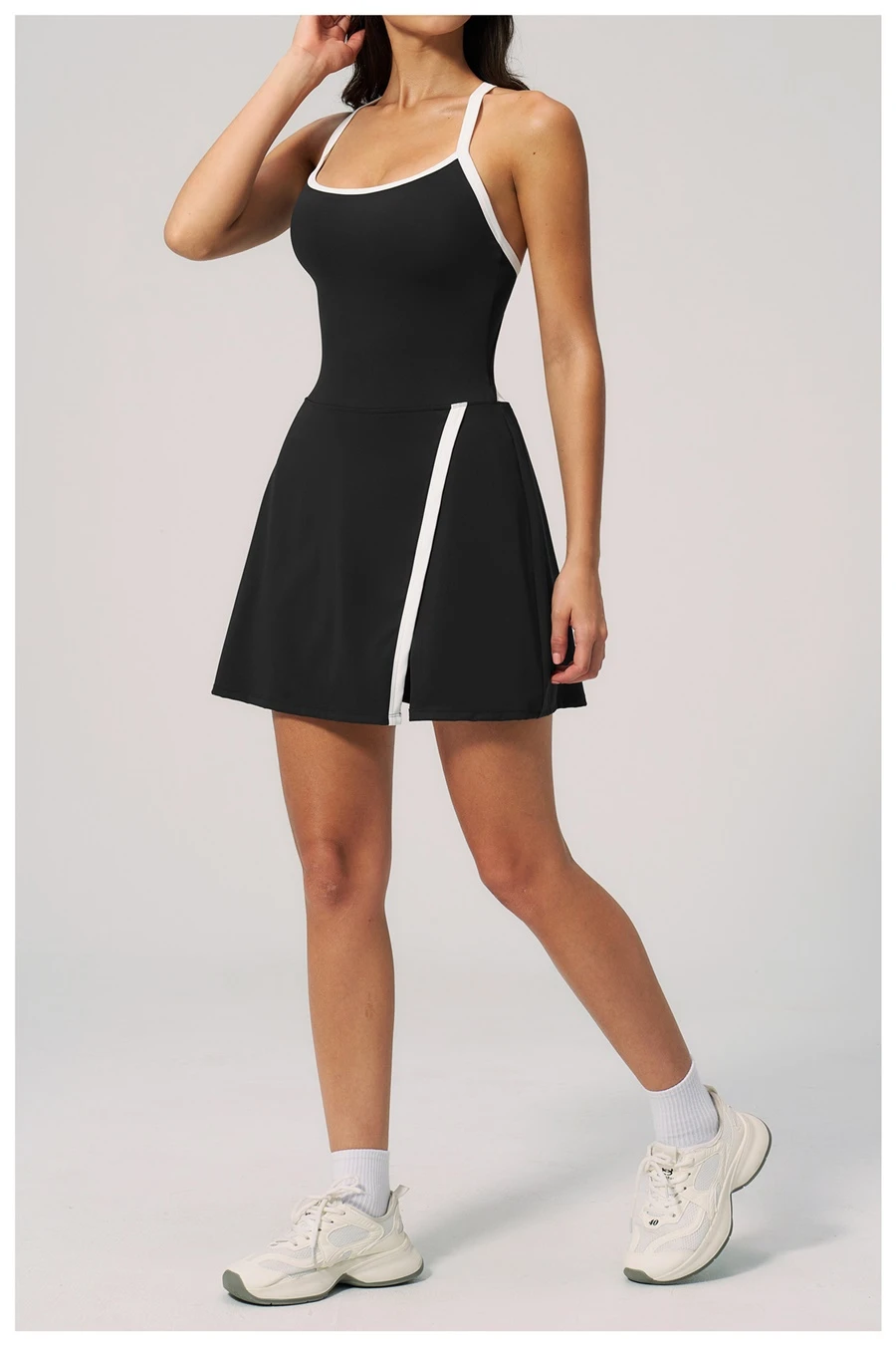 Fitted yoga dress with removable padded cups and four way stretch fabric-black