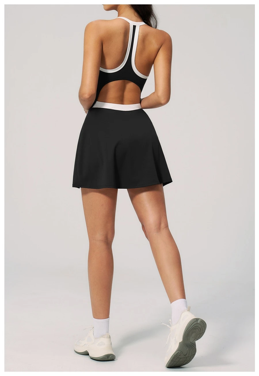 Women's open back workout dress highlighting breathable design-black