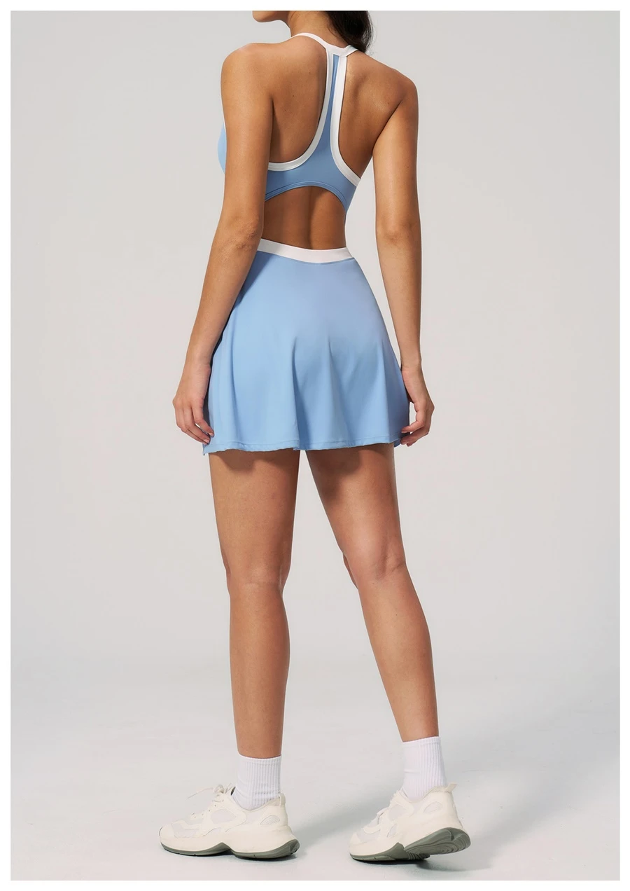 Women's open back workout dress highlighting breathable design-sky blue