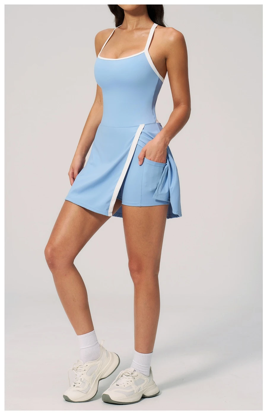 Women's activewear dress with built-in safety shorts for sports-sky blue