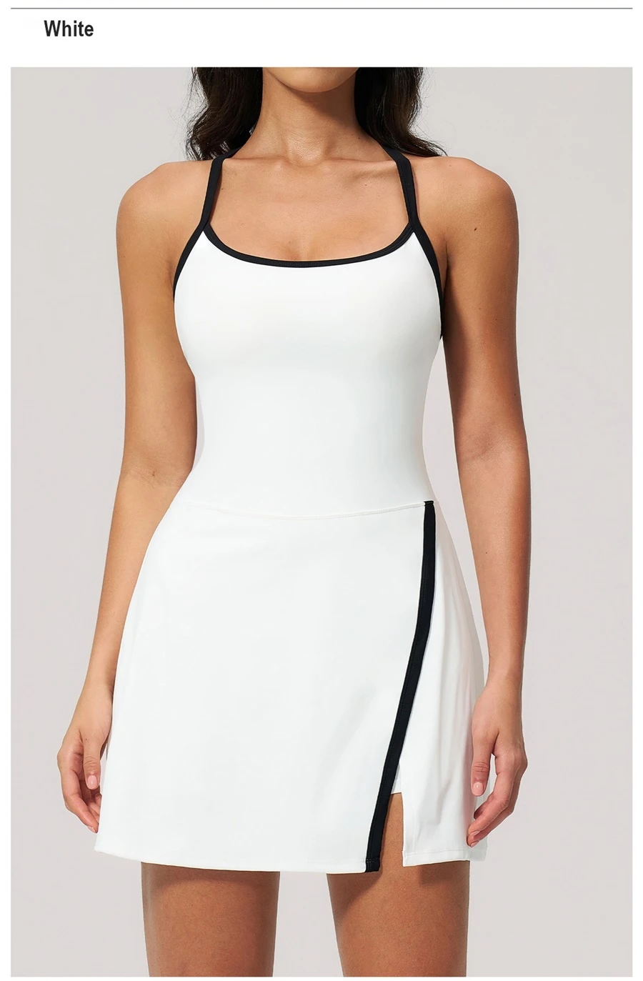 Women's backless yoga dress with built-in shorts for fitness and activewear-white