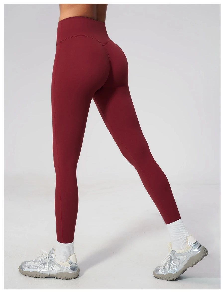 Women's peach butt lifting leggings with contour seam design-red