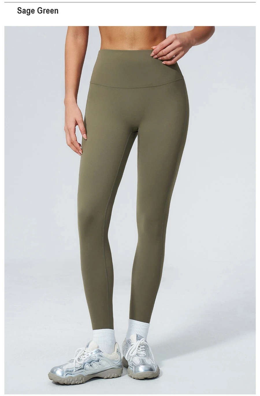 High waist tummy control leggings with double layer waistband for women-sage green