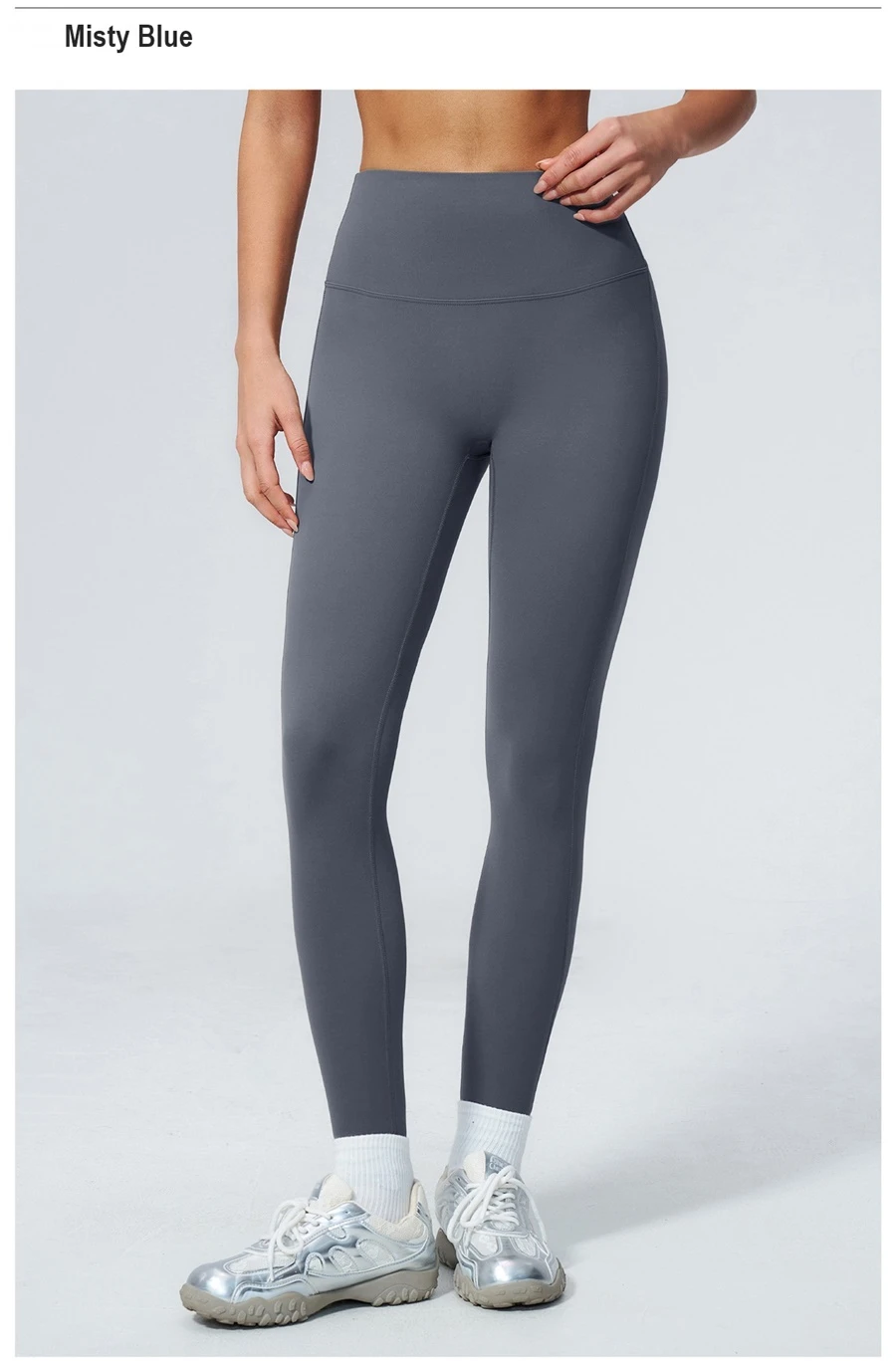 High waist tummy control leggings with double layer waistband for women-misty blue