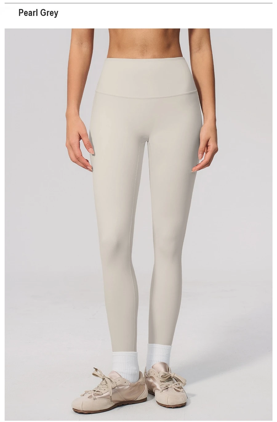 High waist tummy control leggings with double layer waistband for women-pearl grey