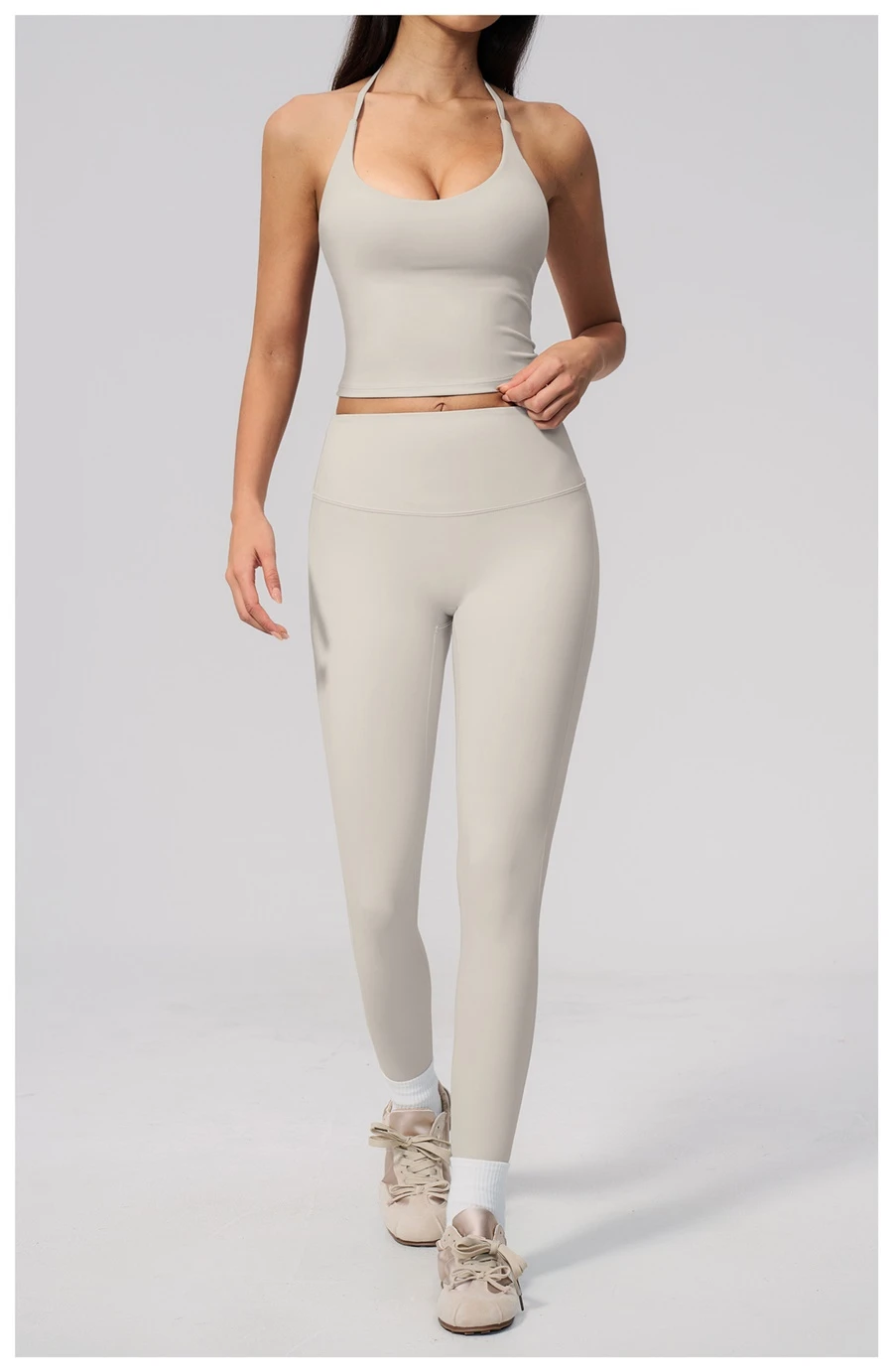 Women's high waist peach butt workout leggings with sculpting fit for yoga and running-pearl grey matching set