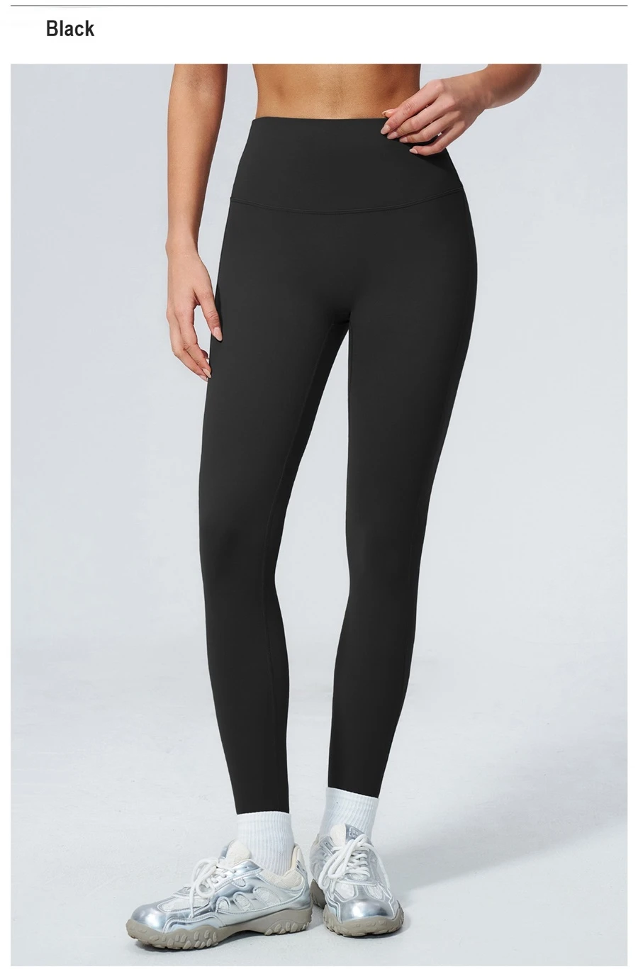 High waist tummy control leggings with double layer waistband for women-black