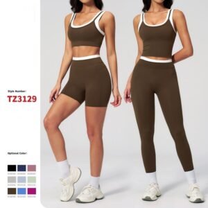 Women's ribbed naked-feel workout set with high-waisted leggings, contrast sports bra, tank top, shorts, skort, and wide-leg pants for fitness and yoga.