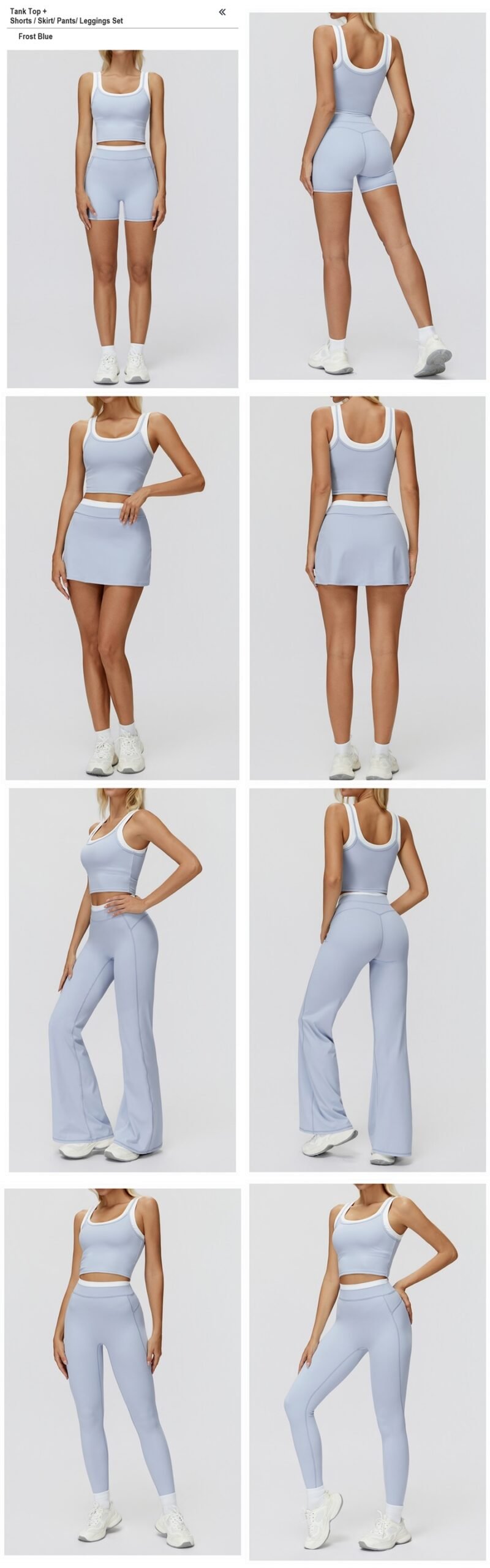 Women's ribbed naked-feel workout set with high-waisted leggings, contrast sports bra, tank top, shorts, skort, and wide-leg pants for fitness and yoga.