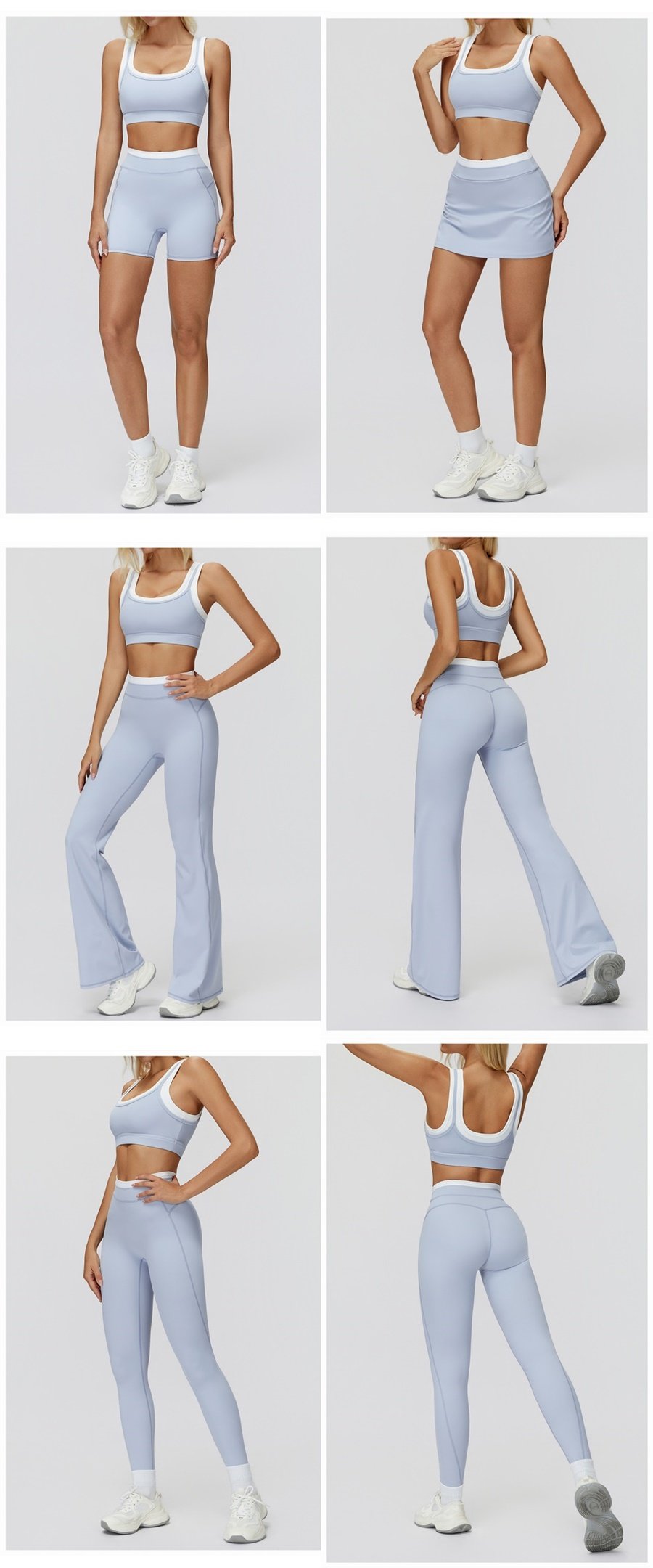 Women's ribbed naked-feel workout set with high-waisted leggings, contrast sports bra, tank top, shorts, skort, and wide-leg pants for fitness and yoga.