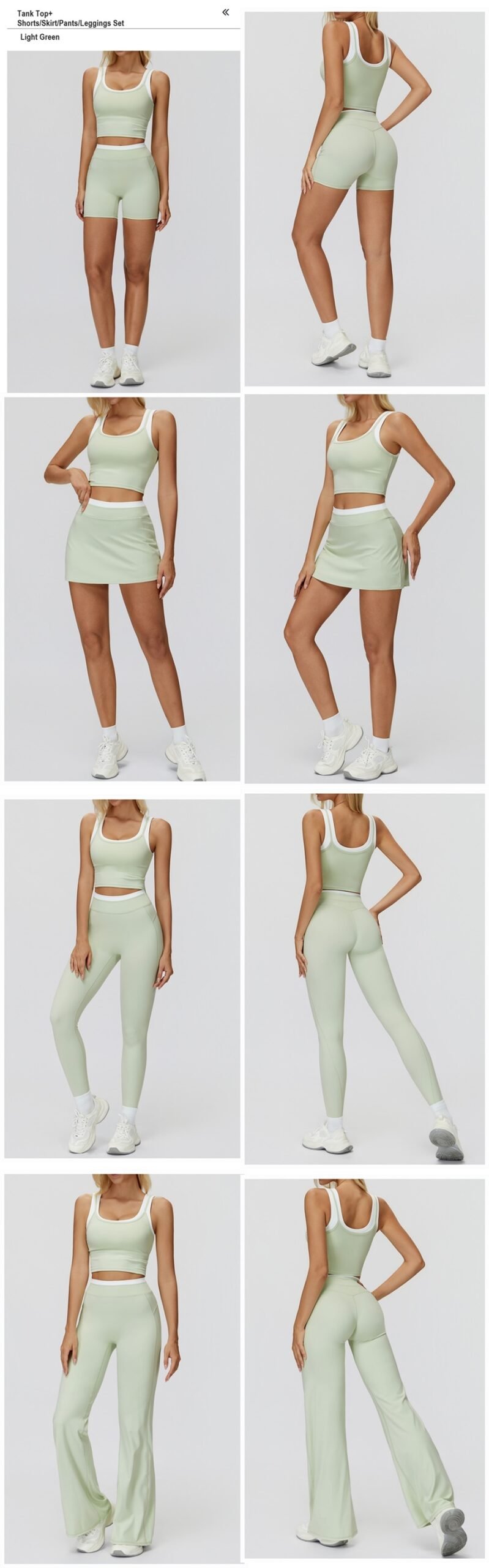 Women's ribbed naked-feel workout set with high-waisted leggings, contrast sports bra, tank top, shorts, skort, and wide-leg pants for fitness and yoga.