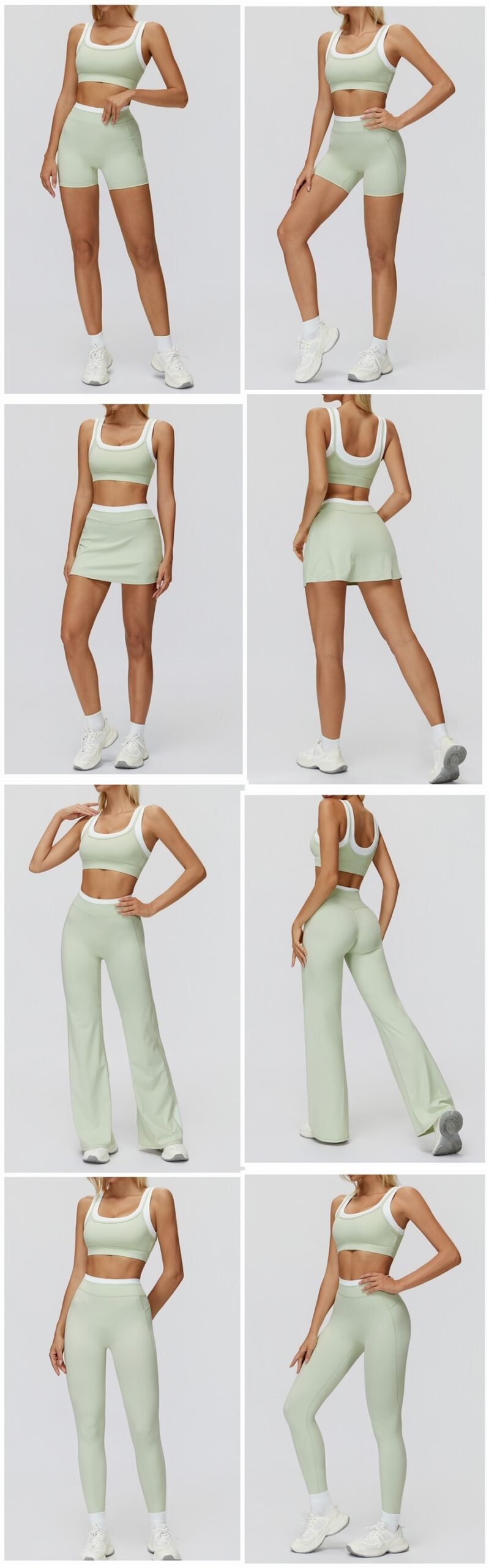 Women's ribbed naked-feel workout set with high-waisted leggings, contrast sports bra, tank top, shorts, skort, and wide-leg pants for fitness and yoga.