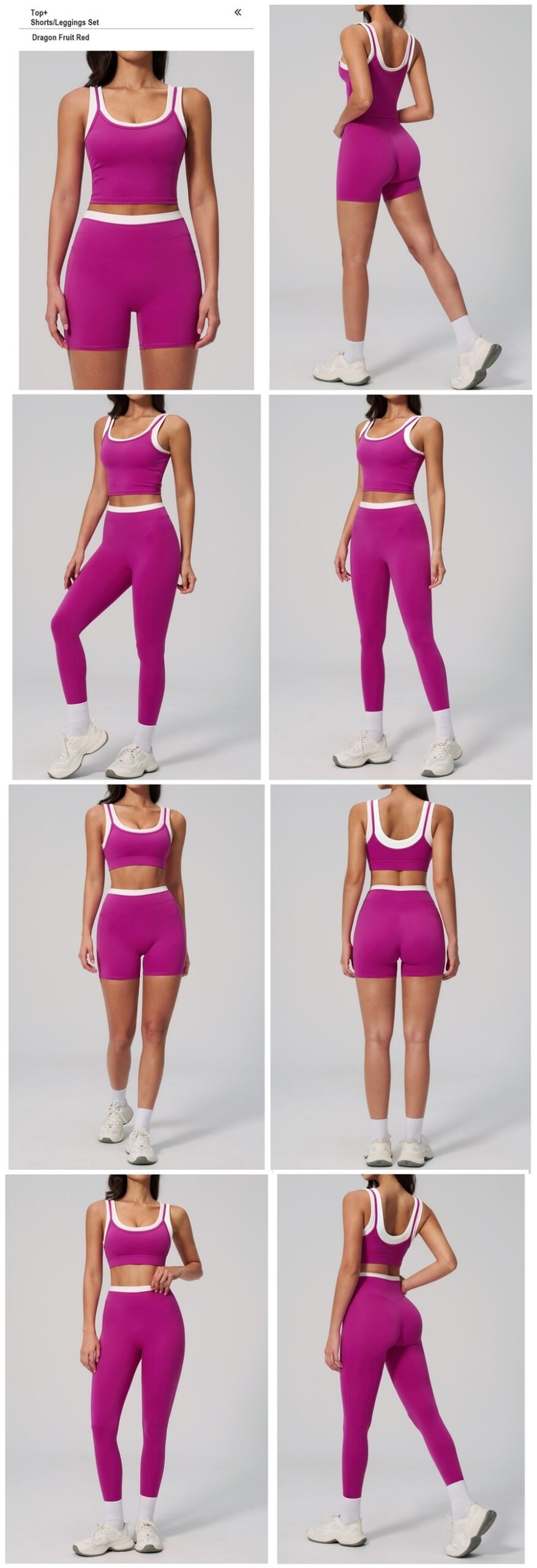Women's ribbed naked-feel workout set with high-waisted leggings, contrast sports bra, tank top, shorts, skort, and wide-leg pants for fitness and yoga.