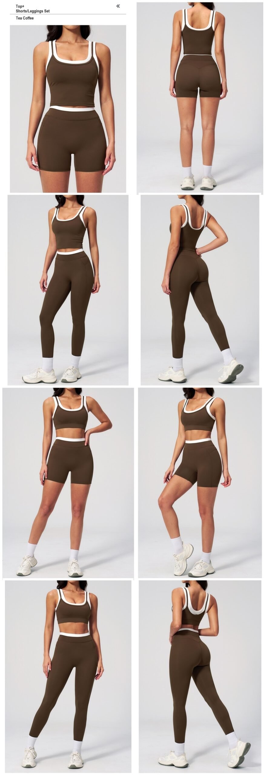 Women's ribbed naked-feel workout set with high-waisted leggings, contrast sports bra, tank top, shorts, skort, and wide-leg pants for fitness and yoga.