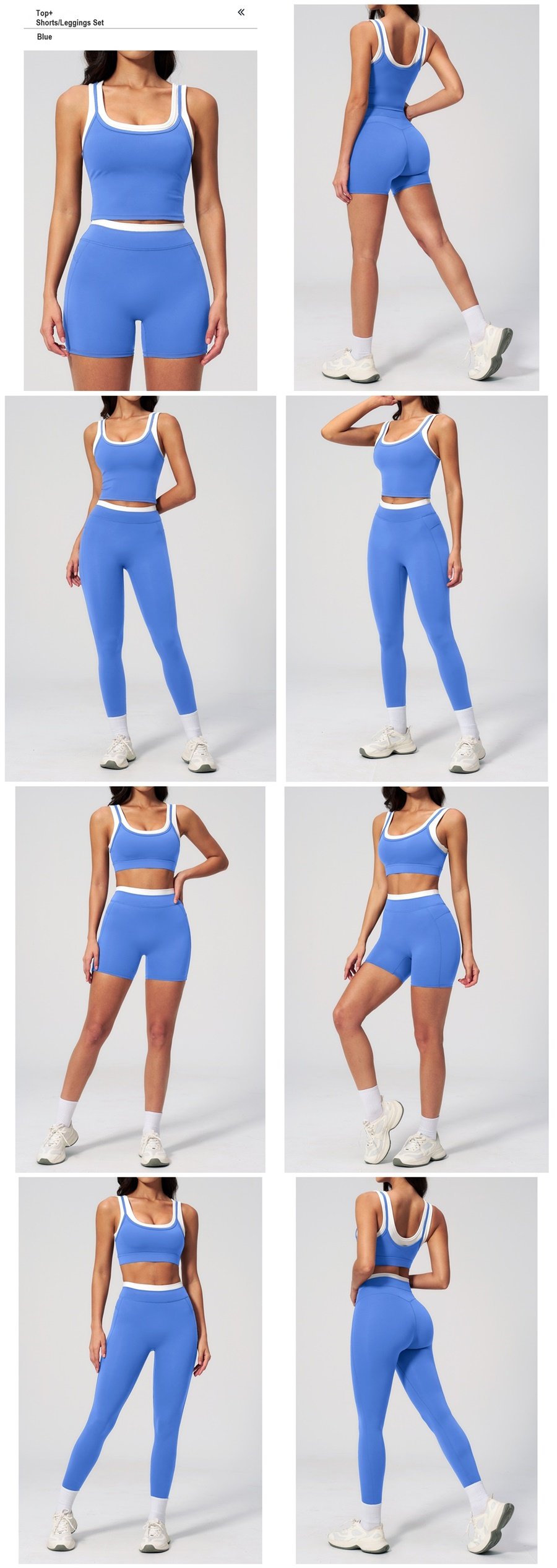 Women's ribbed naked-feel workout set with high-waisted leggings, contrast sports bra, tank top, shorts, skort, and wide-leg pants for fitness and yoga.