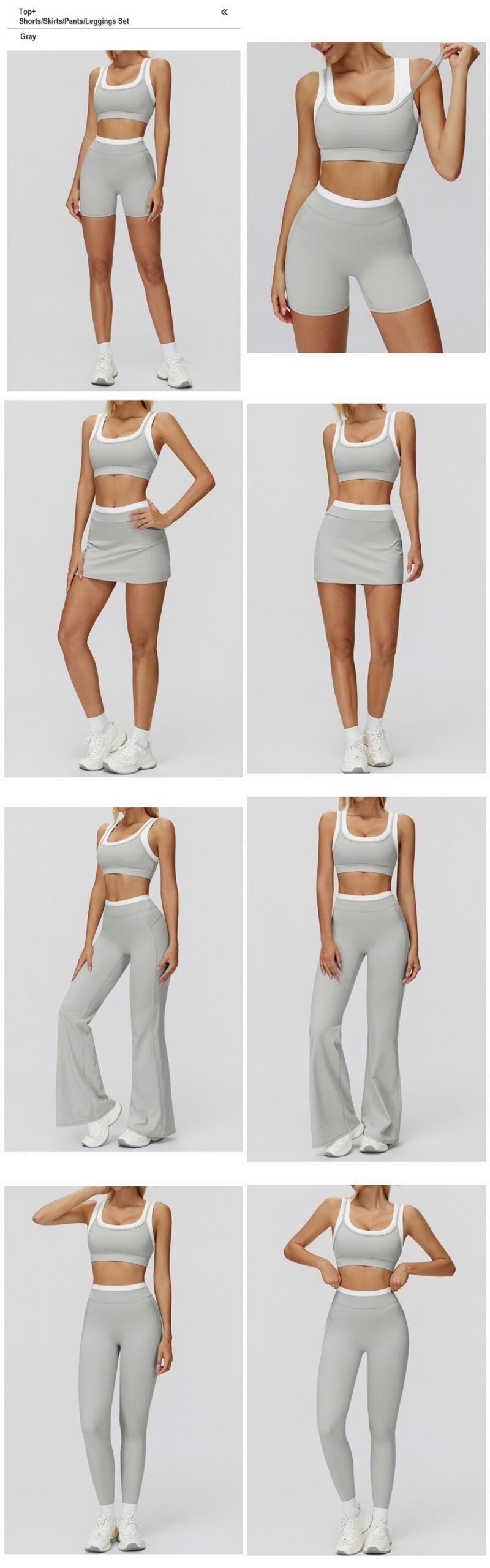 Women's ribbed naked-feel workout set with high-waisted leggings, contrast sports bra, tank top, shorts, skort, and wide-leg pants for fitness and yoga.